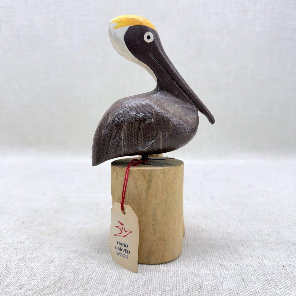 Hand Carved Wood Pelican Figurine on Piling Base Made‎ in Florida Coastal Decor